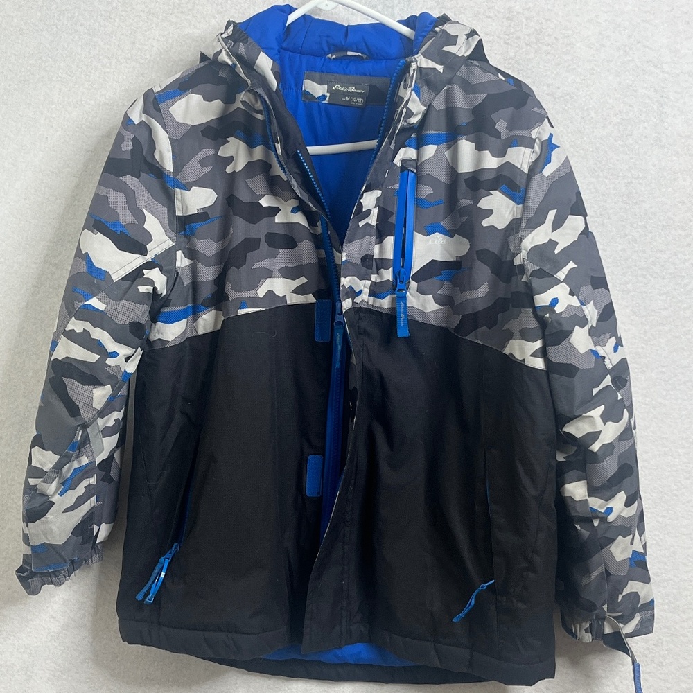 Eddie Bauer Kids Blue Gray Camo Hooded Jacket Medium 10-12